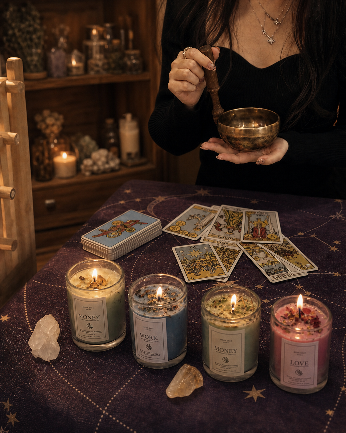 Cenia holding a singing bowl during a Moon Sage spiritual reading setup in Toronto.
