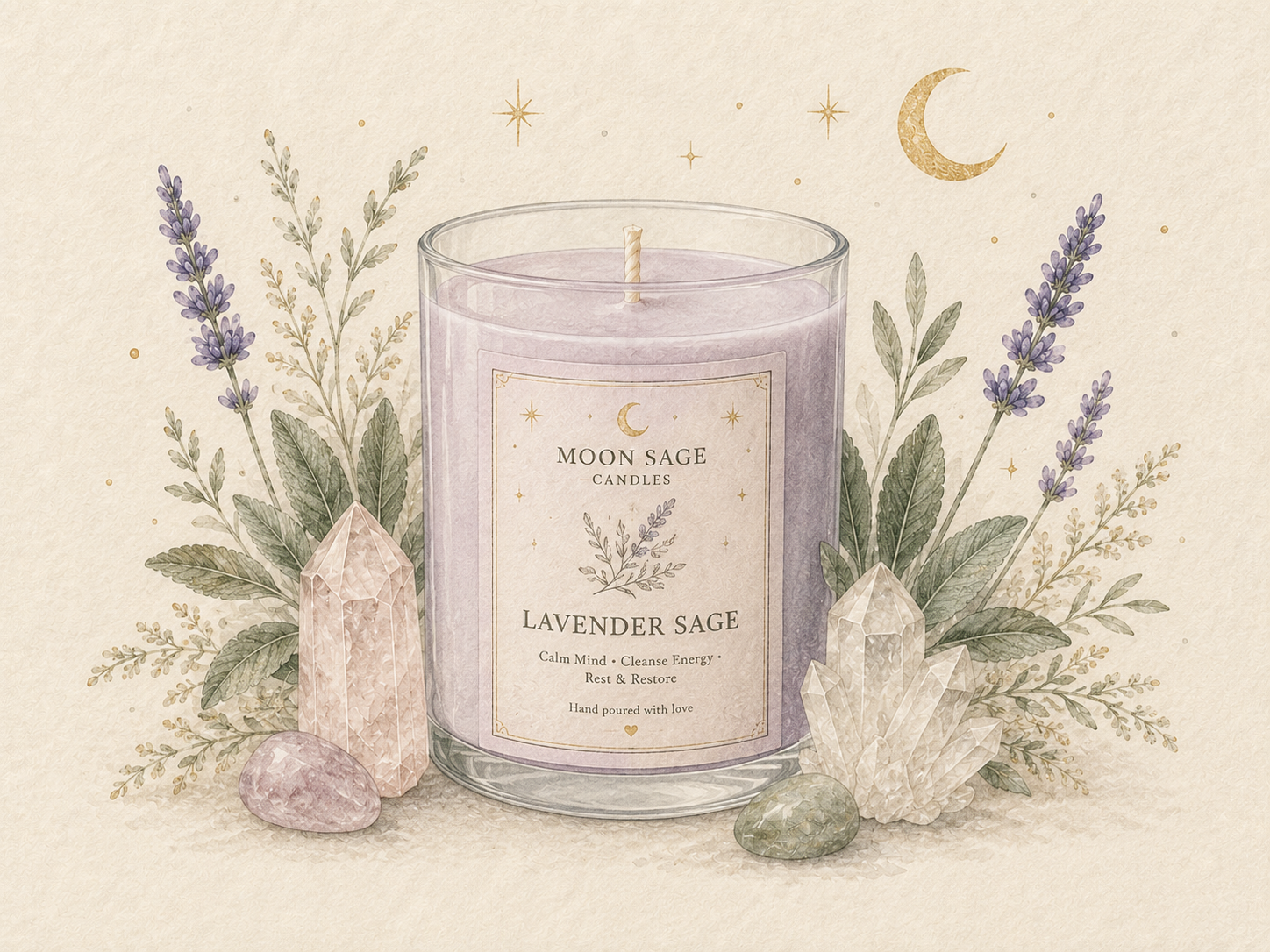 Moon Sage lavender ritual candle with sage, lavender and crystals