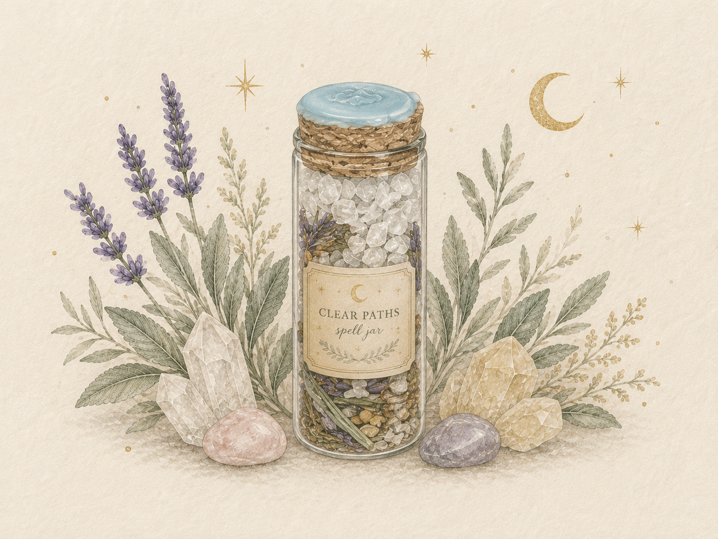 Moon Sage Clear Paths spell jar with lavender, herbs and crystals